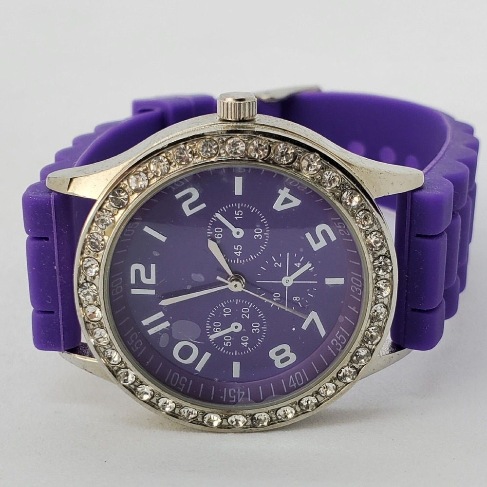 38MM Easy Read Purple Dial Plastic Bands Crystal Bezel Women‎ Watch New Battery